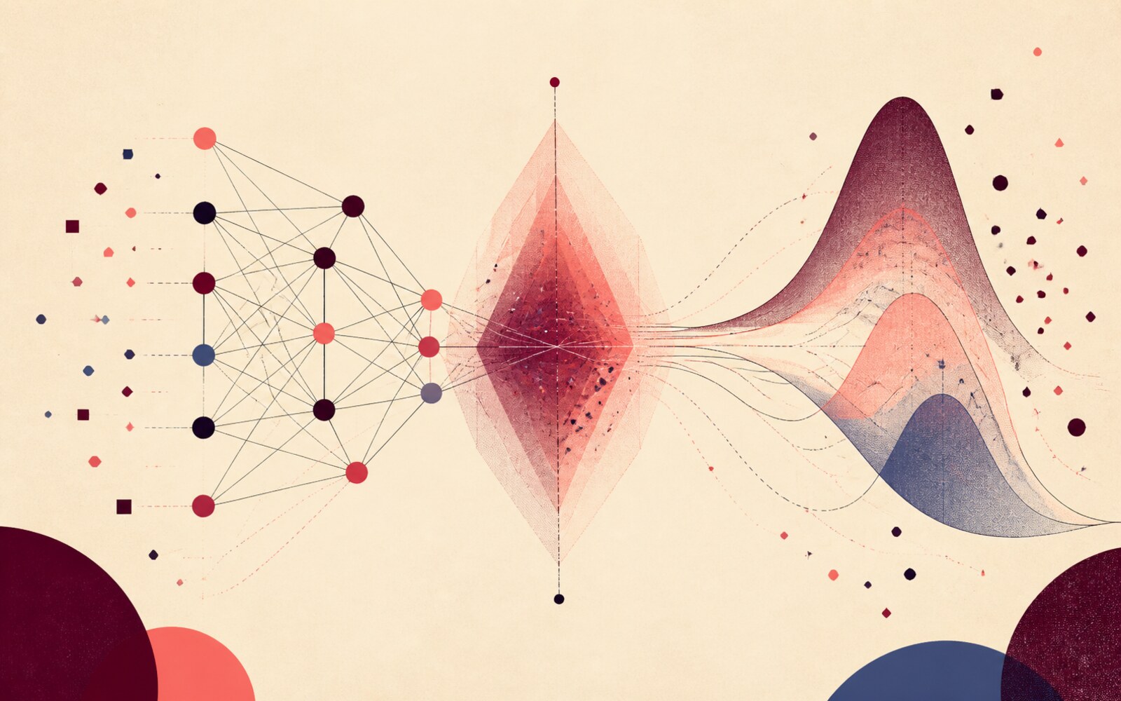 Ilustração abstrata de uma rede neural e distribuições de probabilidade
