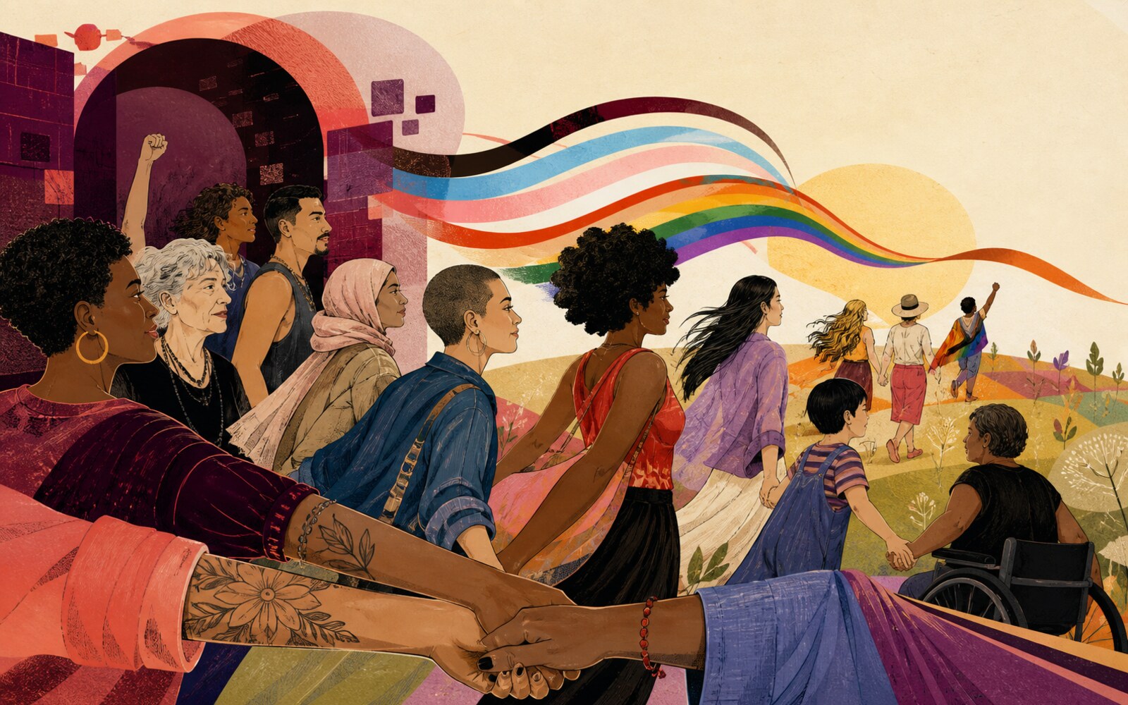 Ilustração de pessoas LGBTQIAPN+ unidas em uma caminhada coletiva